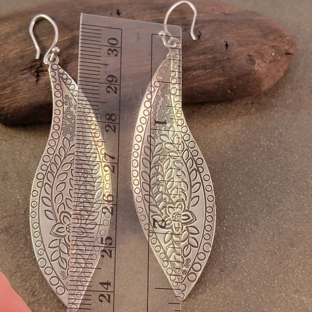 Silpada Sterling Stamped Etched Floral Freestyle Long Drop Earrings - Picture 6 of 8